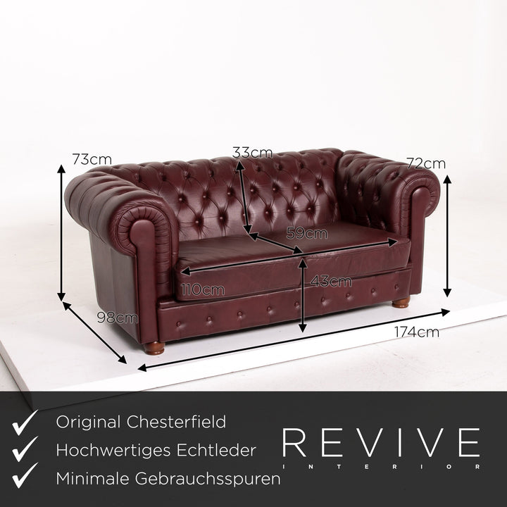 Chesterfield Leder Sofa Bordeaux Rot Zweisitzer Vintage Retro Couch #14451