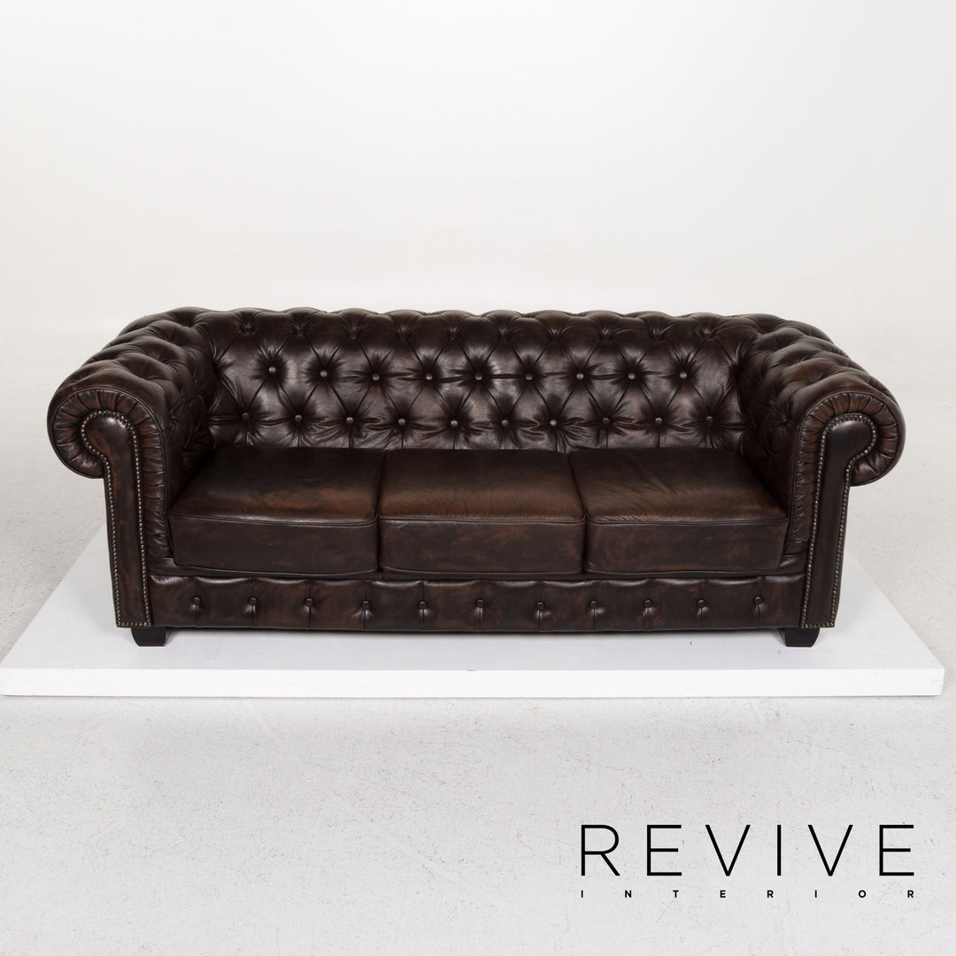 Chesterfield Leder Sofa Braun Dunkelbraun Dreisitzer Retro Vintage Couch #13334