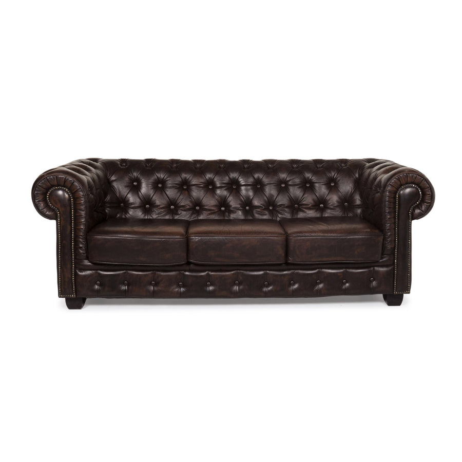Chesterfield Leder Sofa Braun Dunkelbraun Dreisitzer Retro Vintage Couch #13334