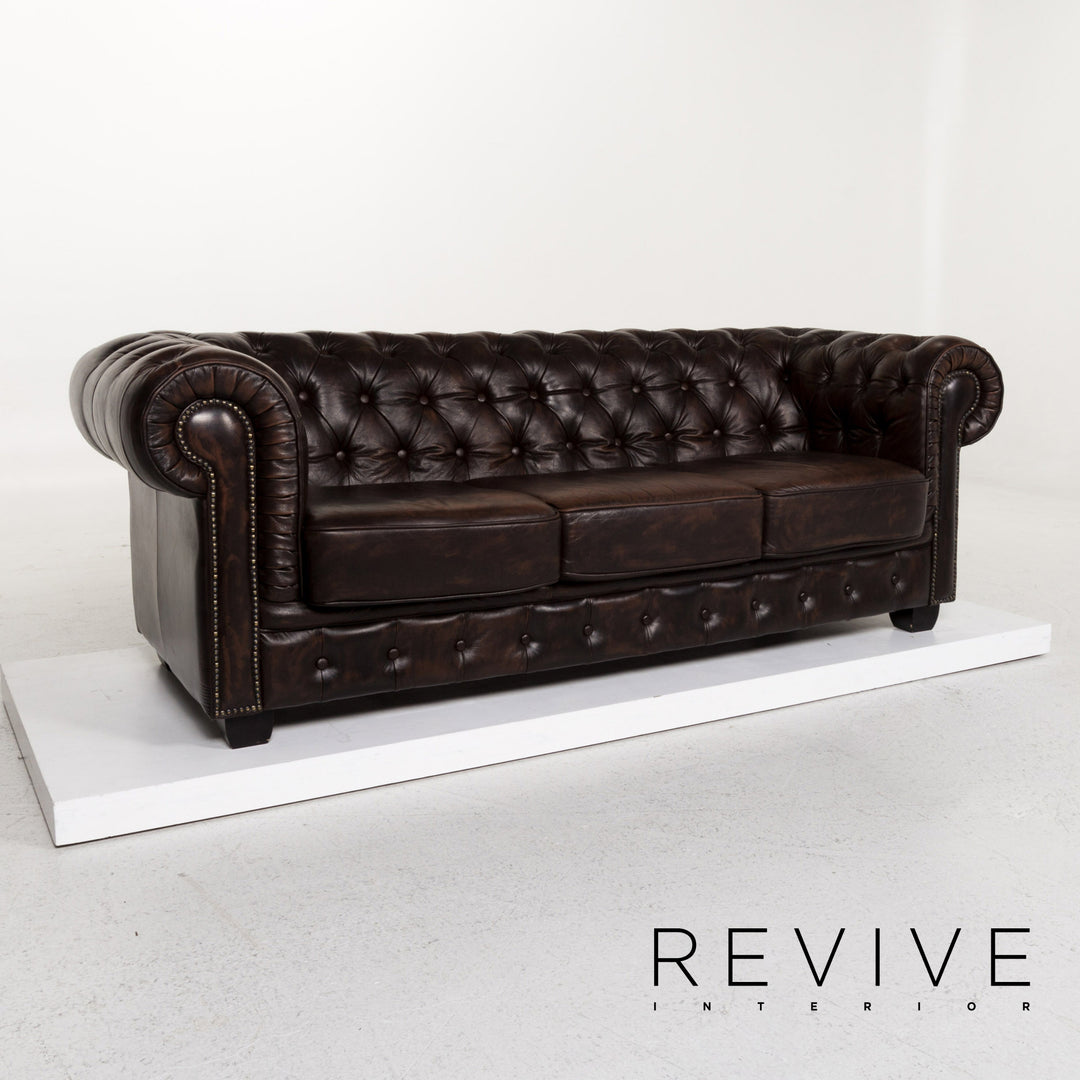 Chesterfield Leder Sofa Braun Dunkelbraun Dreisitzer Retro Vintage Couch #13334