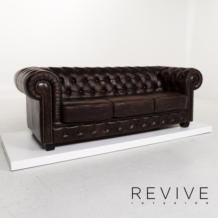 Chesterfield Leder Sofa Braun Dunkelbraun Dreisitzer Retro Vintage Couch #13334