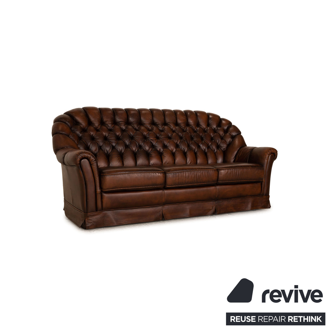 Chesterfield Leder Sofa Garnitur Braun Dunkelbraun Dreisitzer Zweisitzer Sessel Vintage Sofa Couch