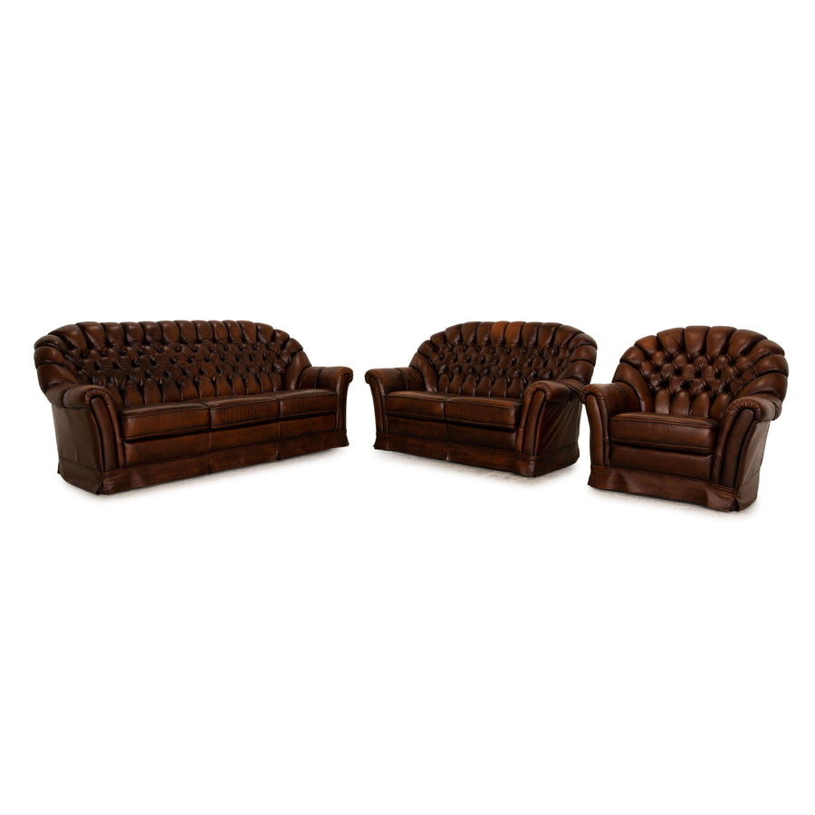 Chesterfield Leder Sofa Garnitur Braun Dunkelbraun Dreisitzer Zweisitzer Sessel Vintage Sofa Couch