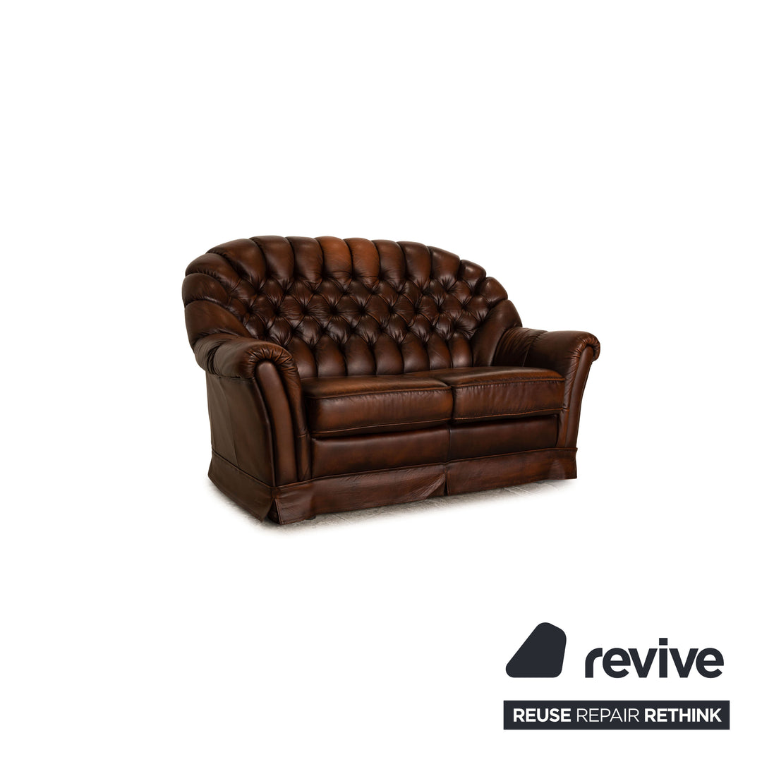 Chesterfield Leder Sofa Garnitur Braun Dunkelbraun Dreisitzer Zweisitzer Sessel Vintage Sofa Couch