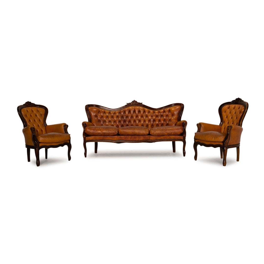 Chesterfield Leather Sofa Set Brown Vintage Two Seater Armchair