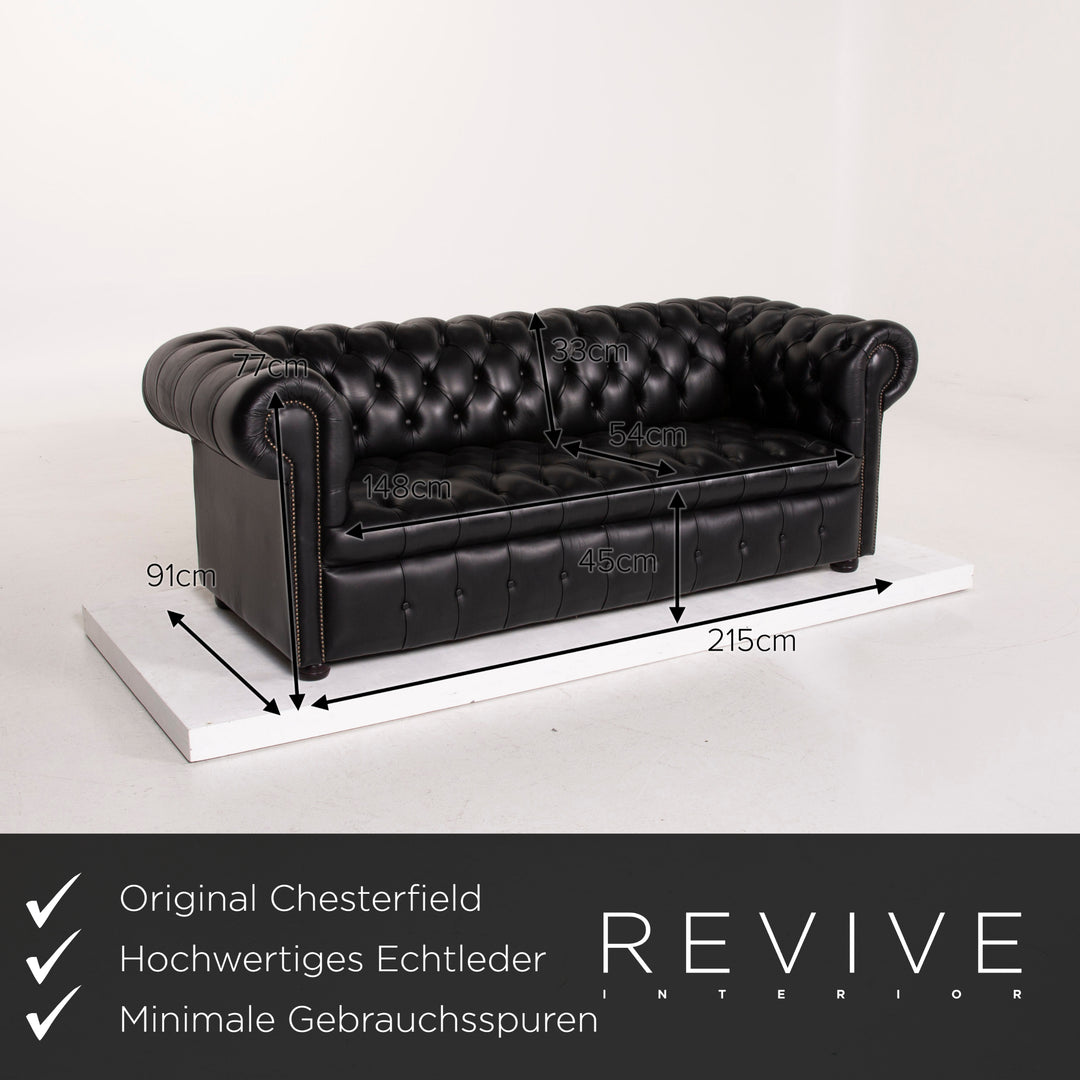 Chesterfield Leather Sofa Black Three Seater #14551