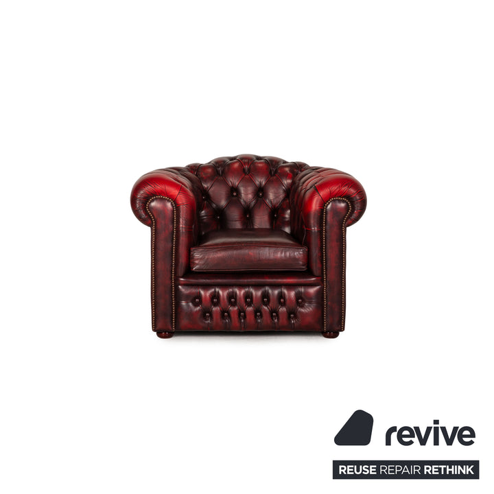 Chesterfield Tudor Leather Armchair Set Dark Red