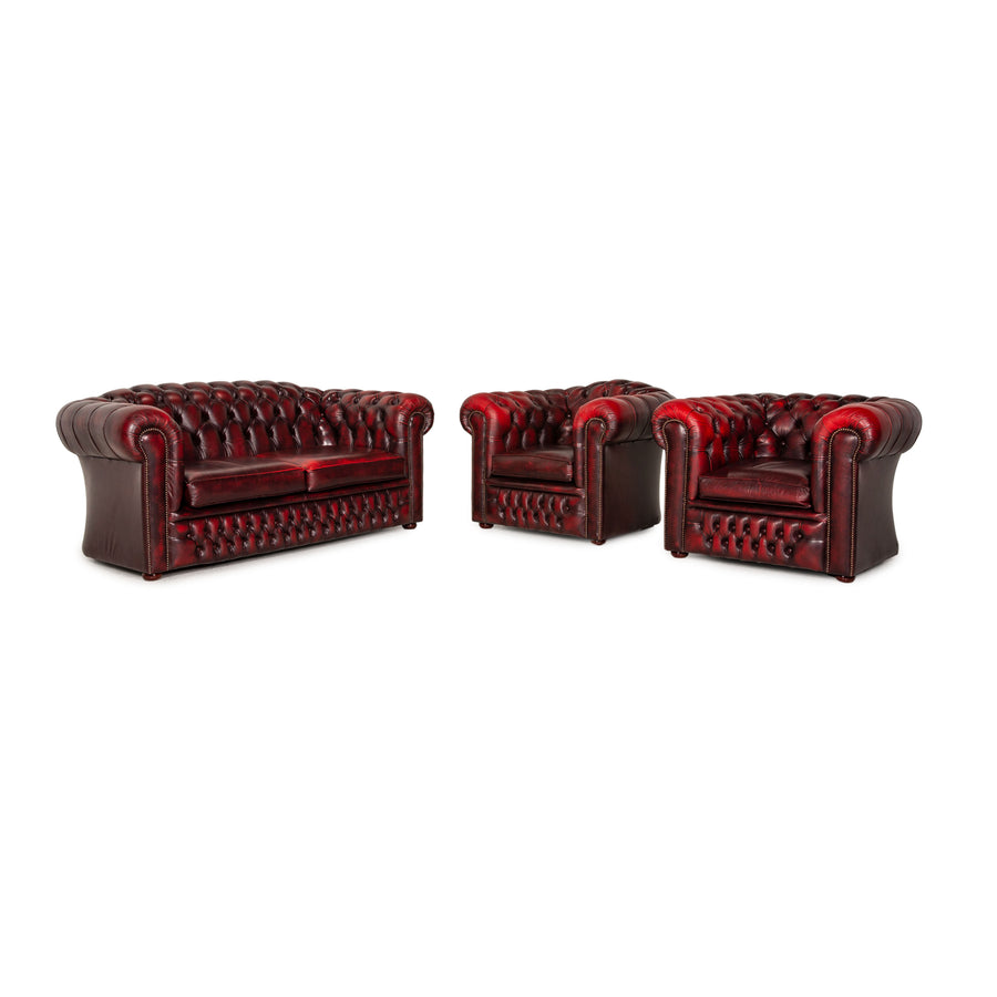 Chesterfield Tudor Leather Sofa Set Dark Red 1x Two Seater 2x Armchair
