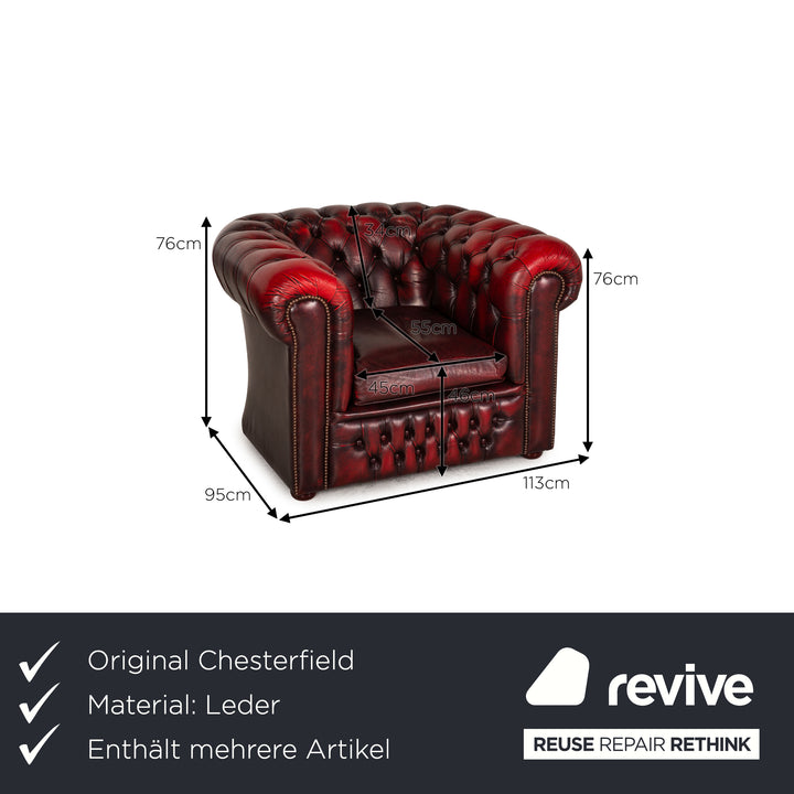 Chesterfield Tudor Leather Sofa Set Dark Red 1x Two Seater 2x Armchair