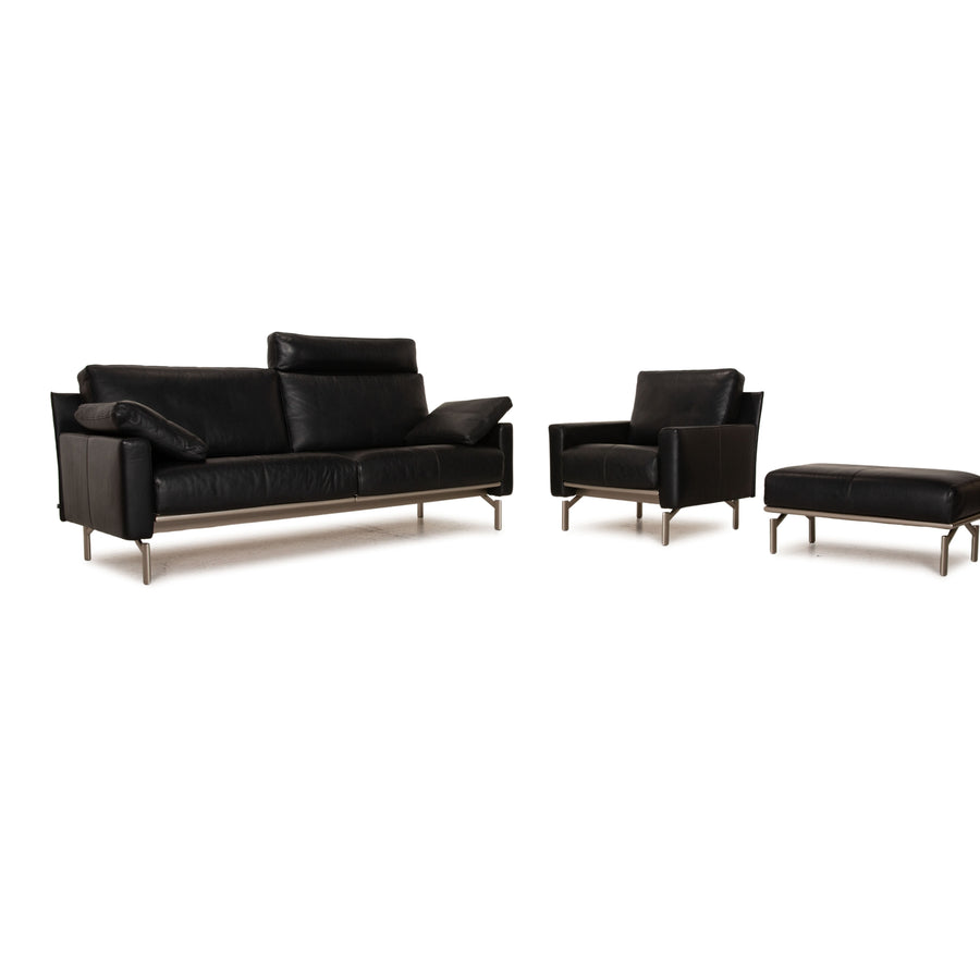 Cor Ala Leather Sofa Black Three Seater Armchair Pouf