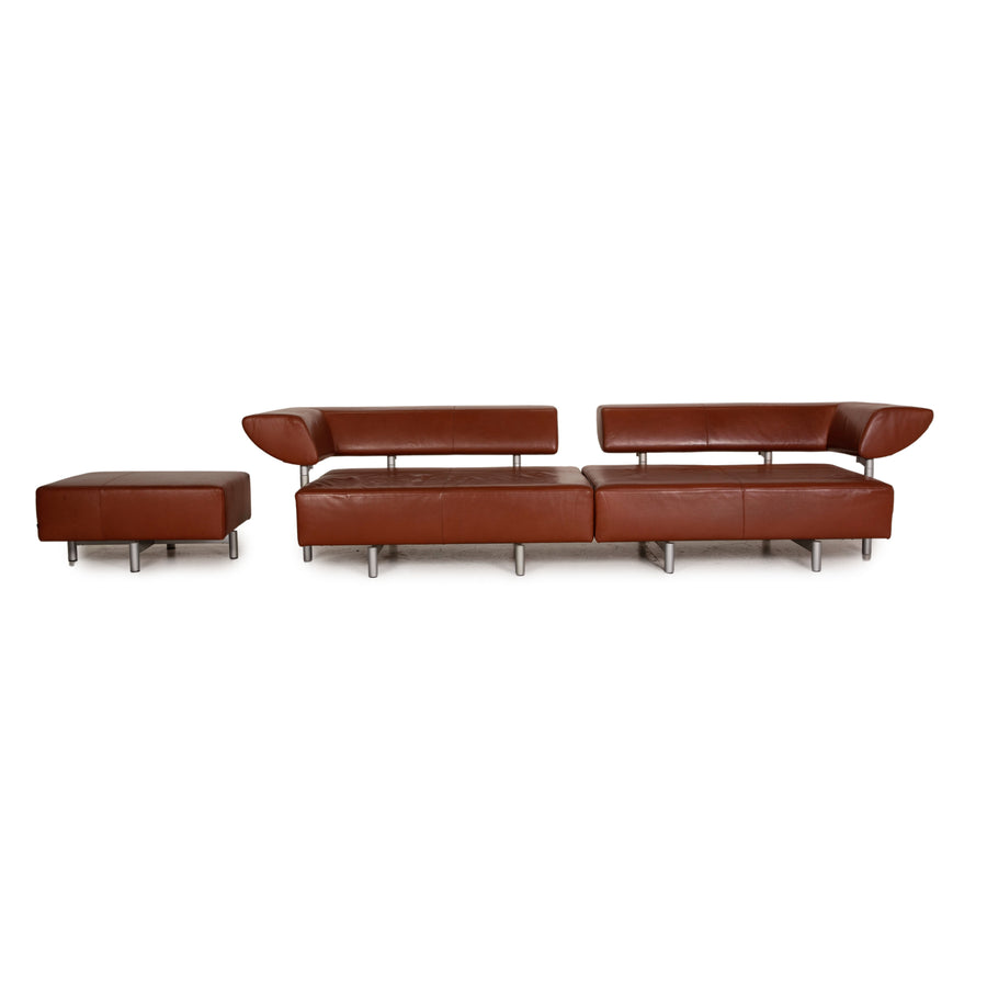 Cor Arthe Leather Sofa Set Brown 2x Two Seater Stool