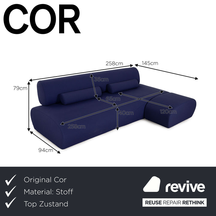 Cor Lava Stoff Ecksofa Blau Dunkelblau Sofa Couch inkl. Bodenmatte Funktion Recamiere rechts