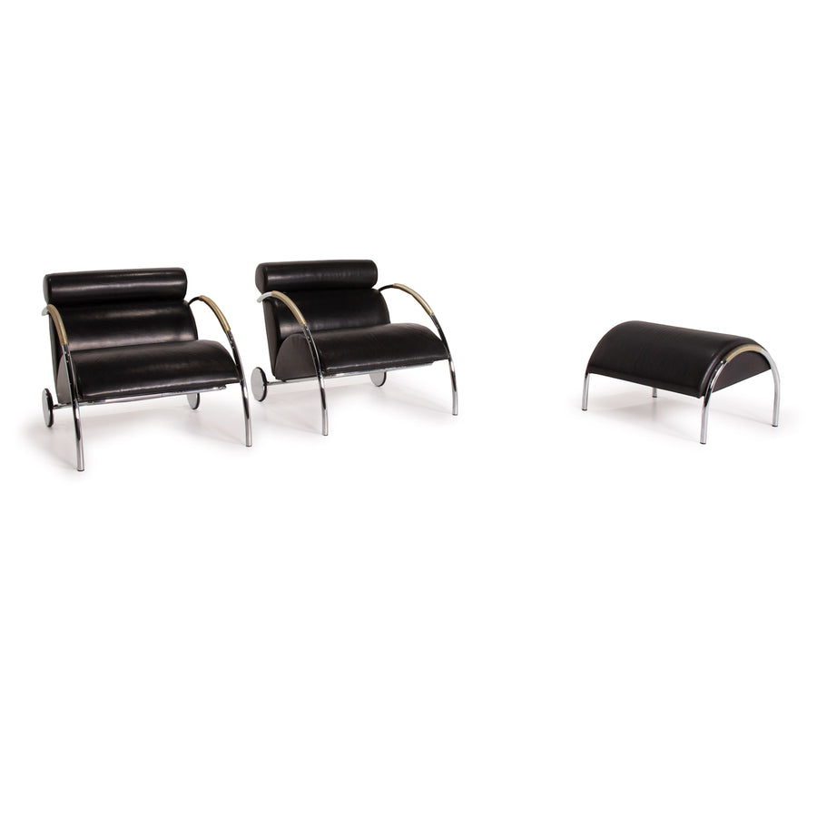 Cor Zyklus Leder Sessel Garnitur Schwarz Hocker Set #14373