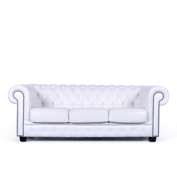 Chesterfield Leather Sofa White Three Seater Couch Vintage Retro Genuine Leather #5248