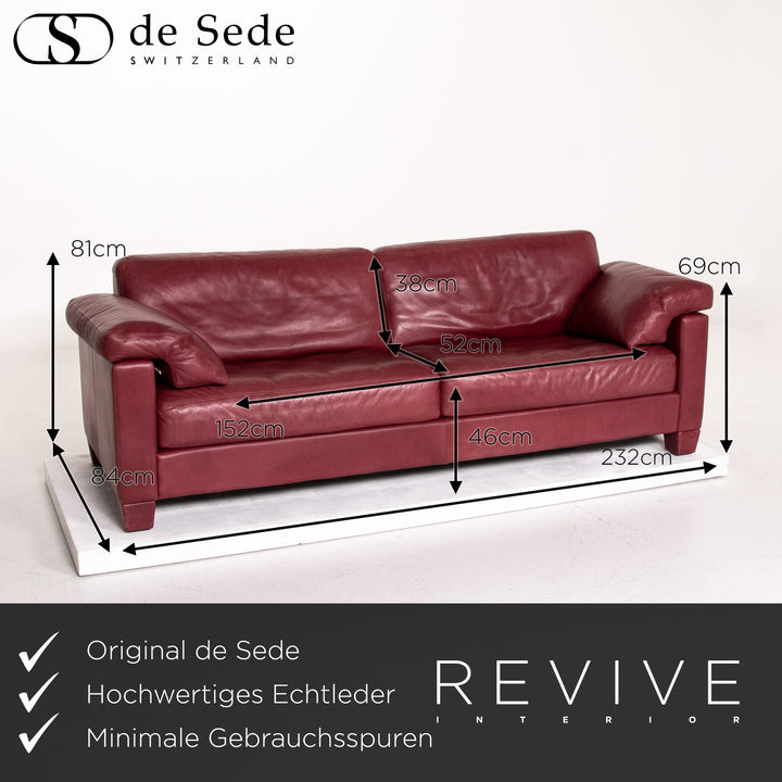 de Sede DS 17 Leder Sofa Rot Weinrot Dreisitzer Couch #14279