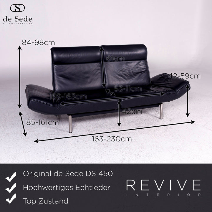 de Sede DS 450 Leder Sofa Dunkelblau Anthrazit Zweisitzer Relax Funktion Couch #9596