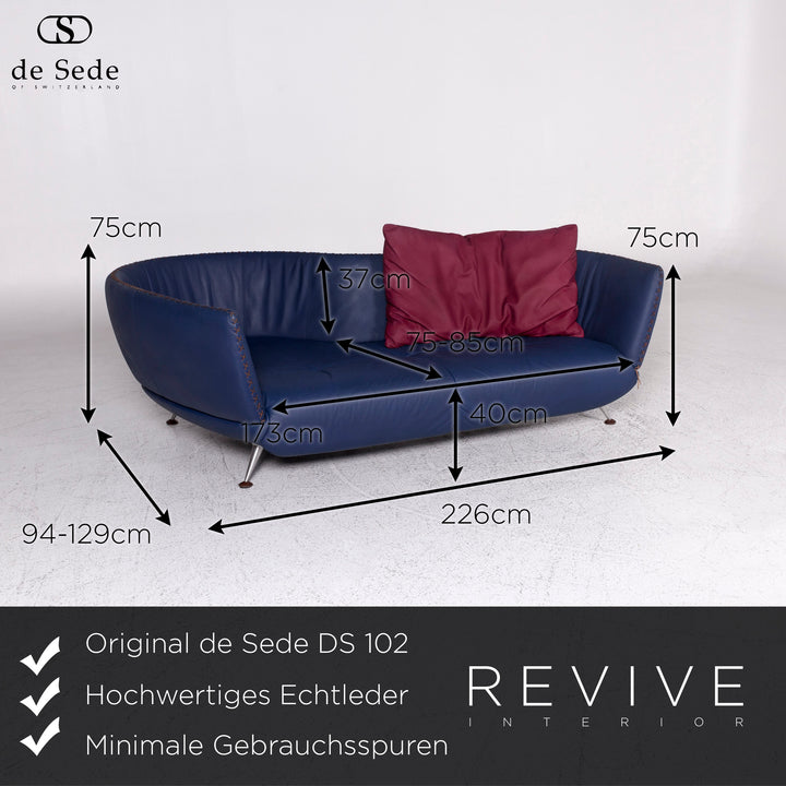 de Sede DS 102 Leder Sofa Blau Mathias Hoffmann Dreisitzer Couch #9511