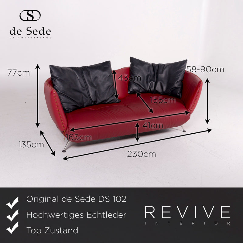 de Sede DS 102 Leder Sofa Rot Weinrot Dreisitzer Couch 