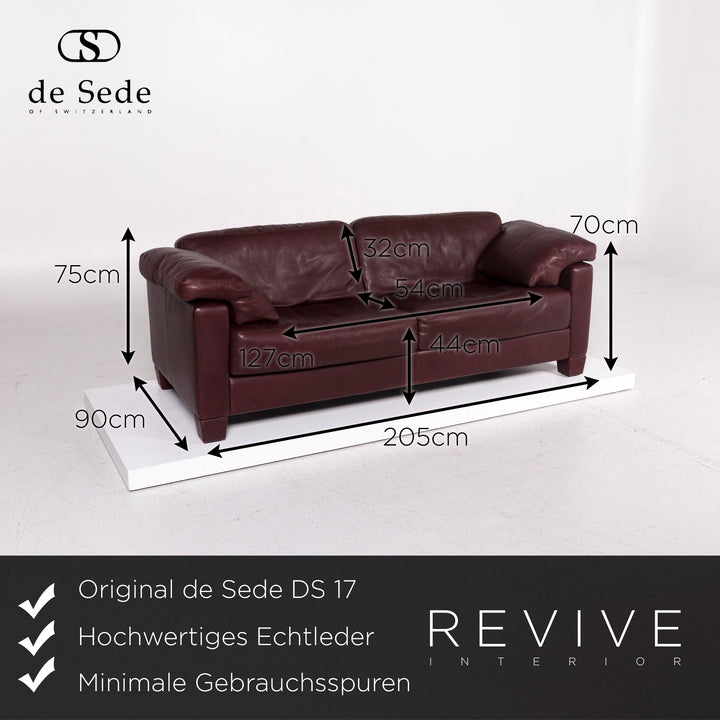 de Sede DS 17 Leder Sofa Rot Weinrot Dreisitzer Couch #11939