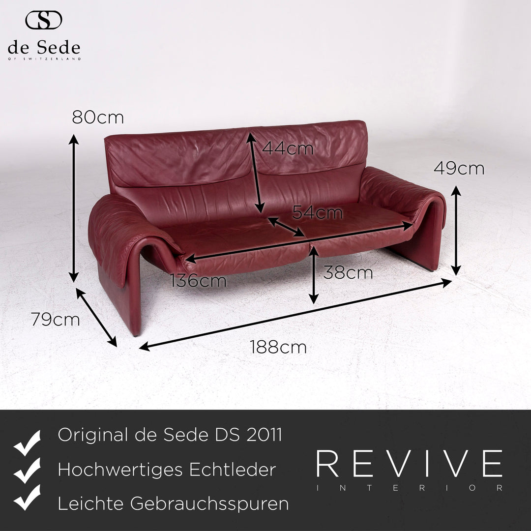 de Sede DS 2011 Designer Leder Sofa Rot Dreisitzer Couch #9501
