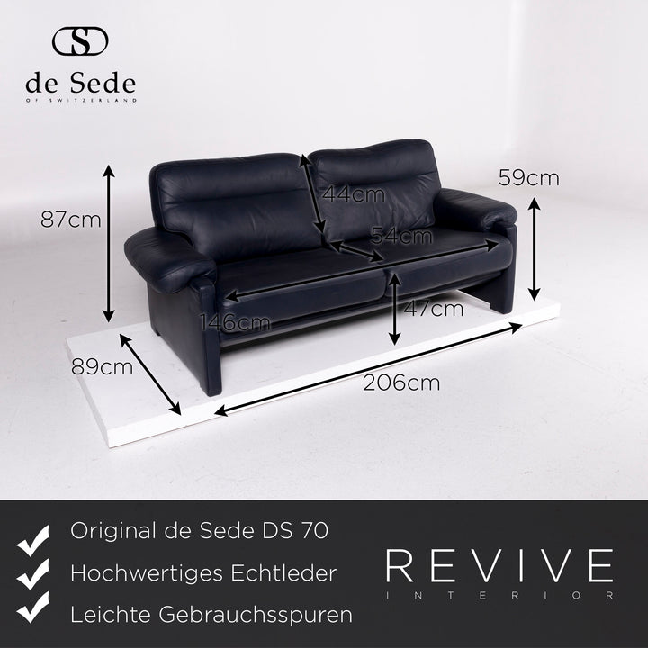 de Sede DS 70 Leder Sofa Blau Dunkelblau Zweisitzer Couch #11173