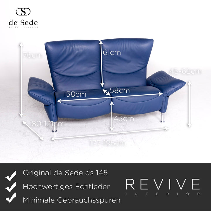 de Sede ds 145 Leder Sofa Blau Zweisitzer Funktion Couch #8806