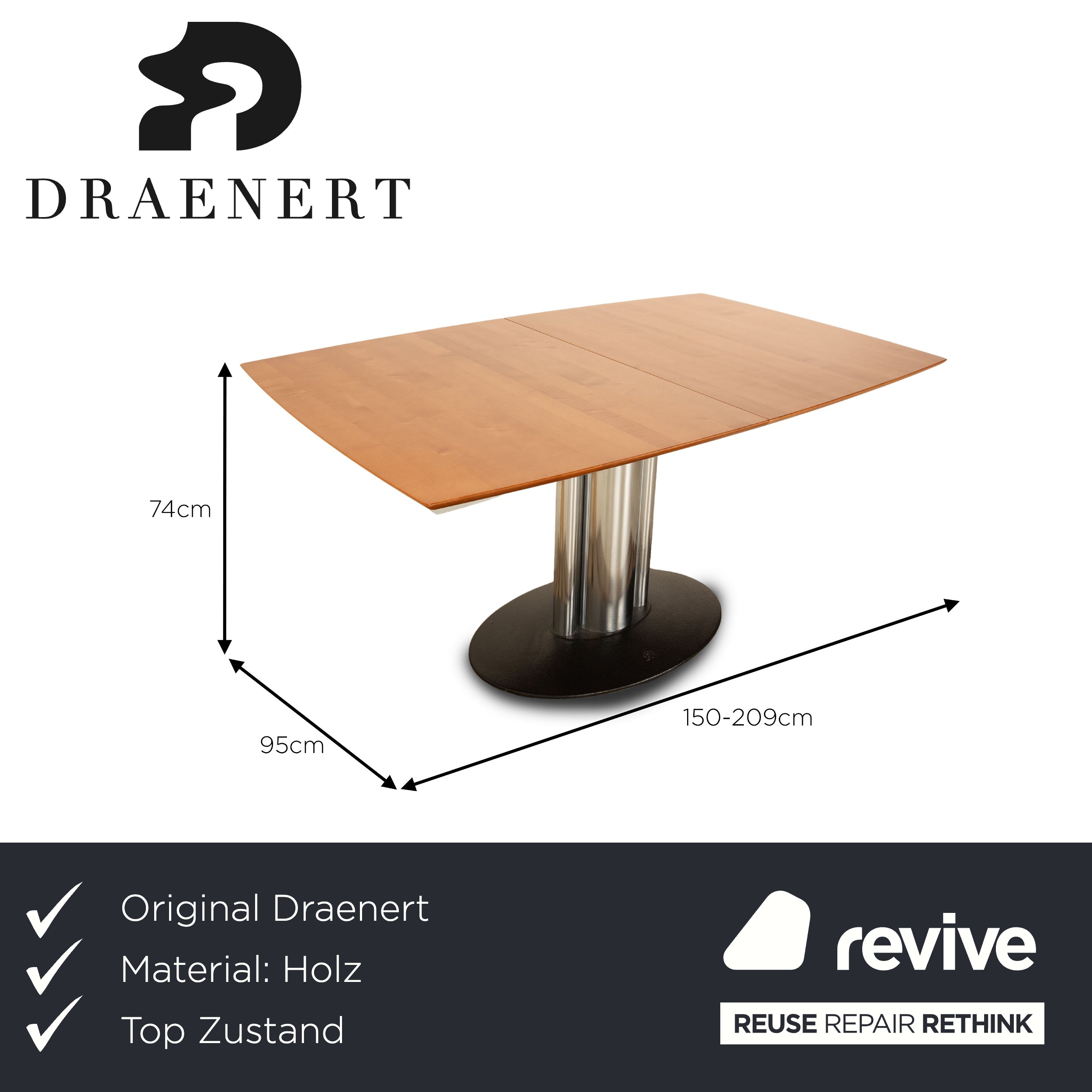Draenert Adler 2 No. 1224 wooden dining table brown maple extendable function 150/209 x 74 x 95