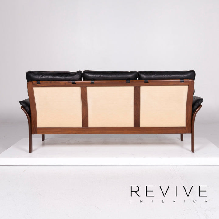 Three-point Scala leather wood sofa set black 1x three-seater 1x armchair #11129