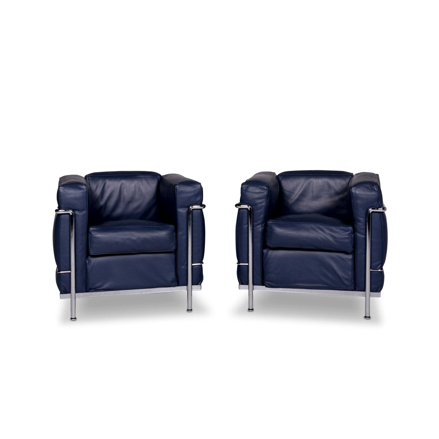 Cassina Le Corbusier LC 2 leather armchair set Blue 2x armchair #9881