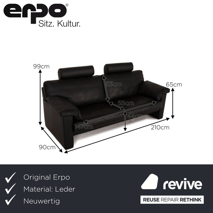 Erpo CL 300 Leather Three Seater Black Sofa Couch