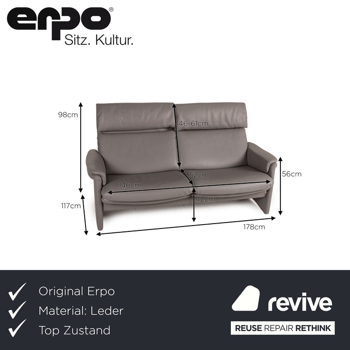 Erpo Monte Carlo Leder Sofa Grau Zweisitzer Couch Funktion Relaxfunktion