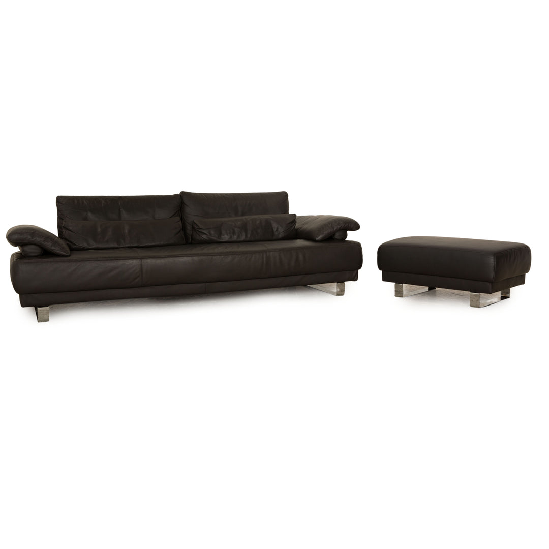Ewald Schillig Leder Sofa Garnitur Grau Hocker Dreisitzer manuelle Funktion