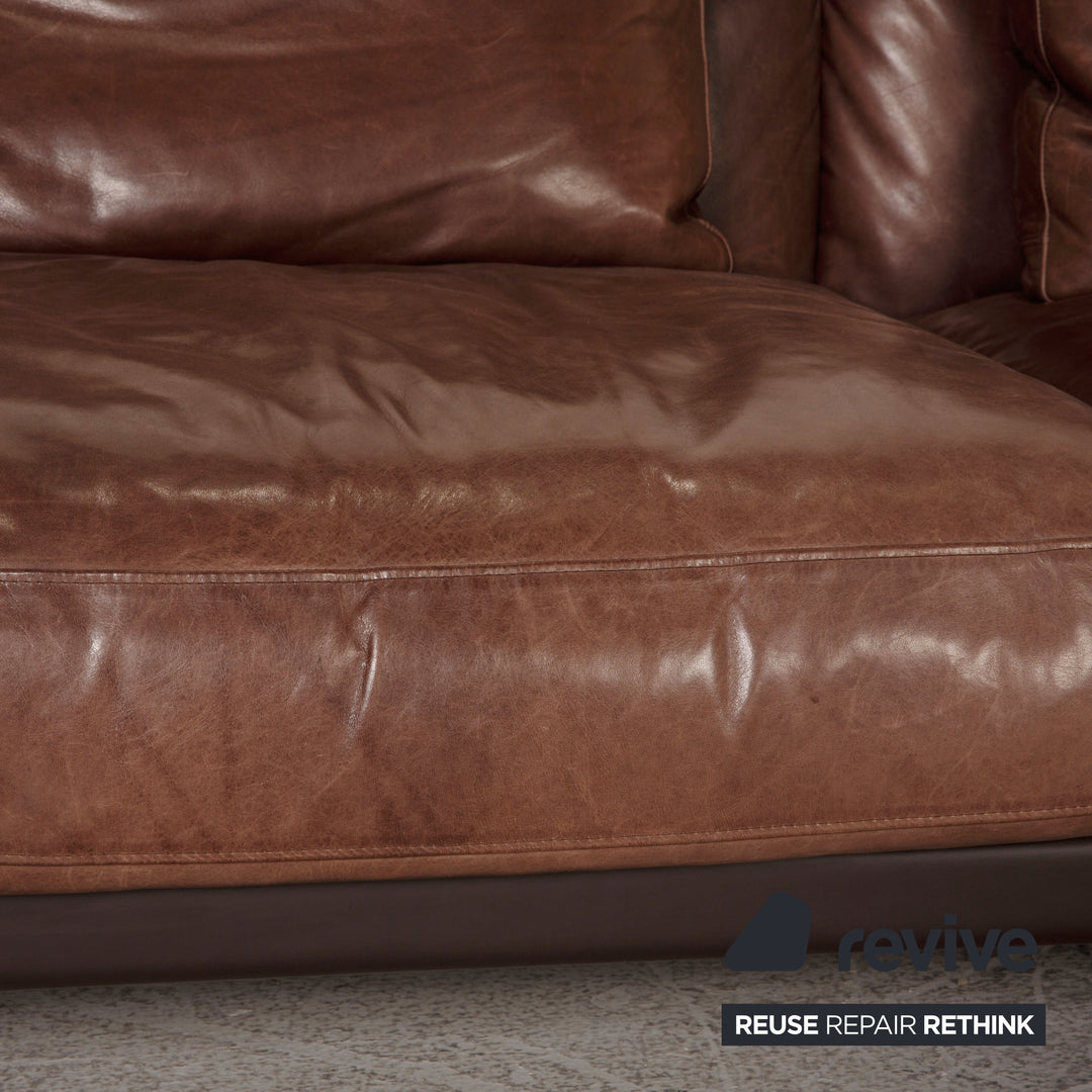 Flexform Zeno Light Leather Sofa Dark Brown Four Seater Couch