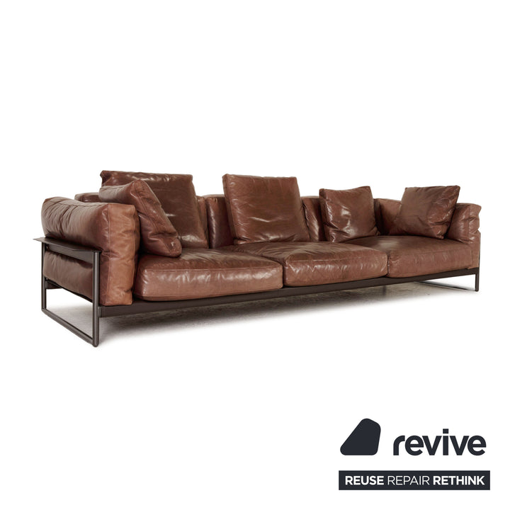 Flexform Zeno Light Leather Sofa Dark Brown Four Seater Couch