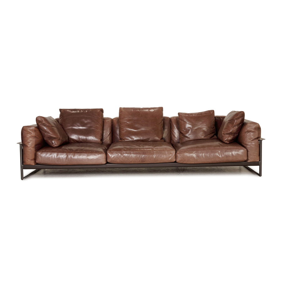 Flexform Zeno Light Leather Sofa Dark Brown Four Seater Couch