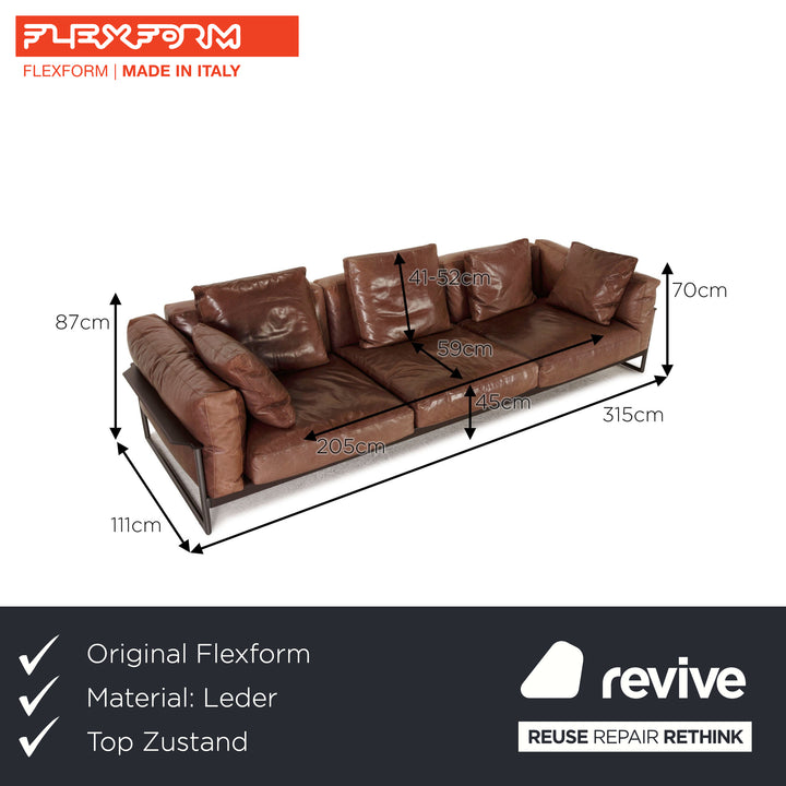 Flexform Zeno Light Leather Sofa Dark Brown Four Seater Couch