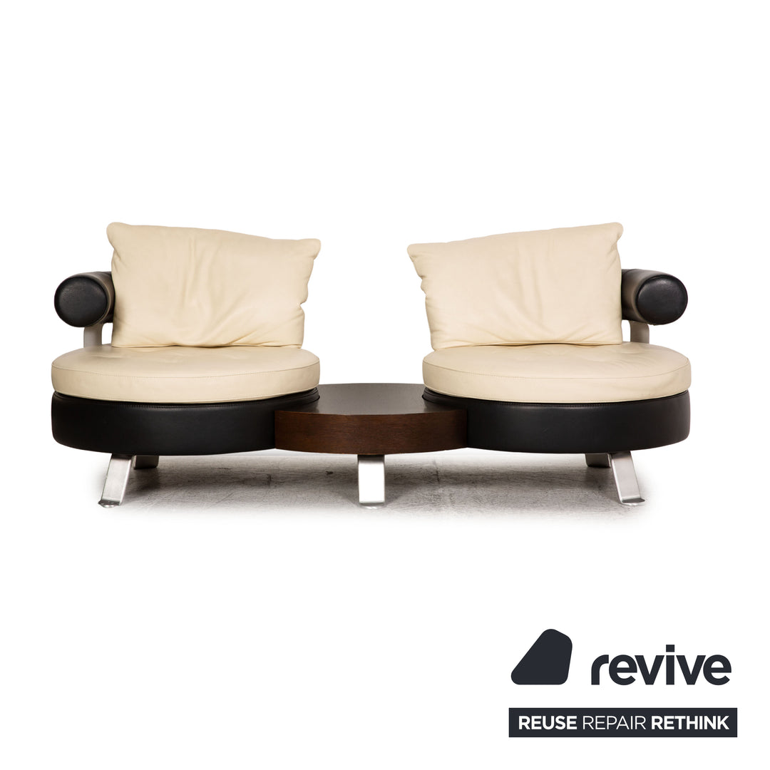 Ensemble canapé en cuir Formenti crème trois places fauteuil deux places tabouret