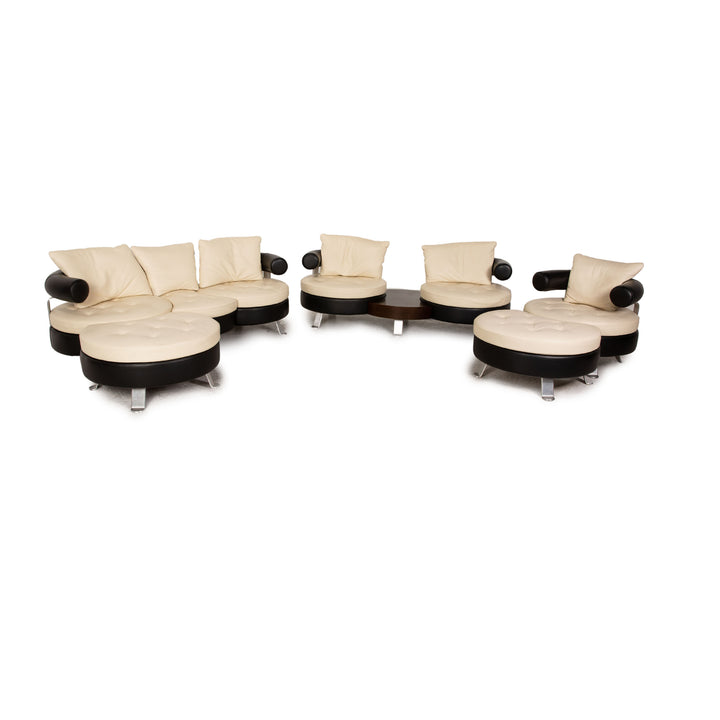 Ensemble canapé en cuir Formenti crème trois places fauteuil deux places tabouret