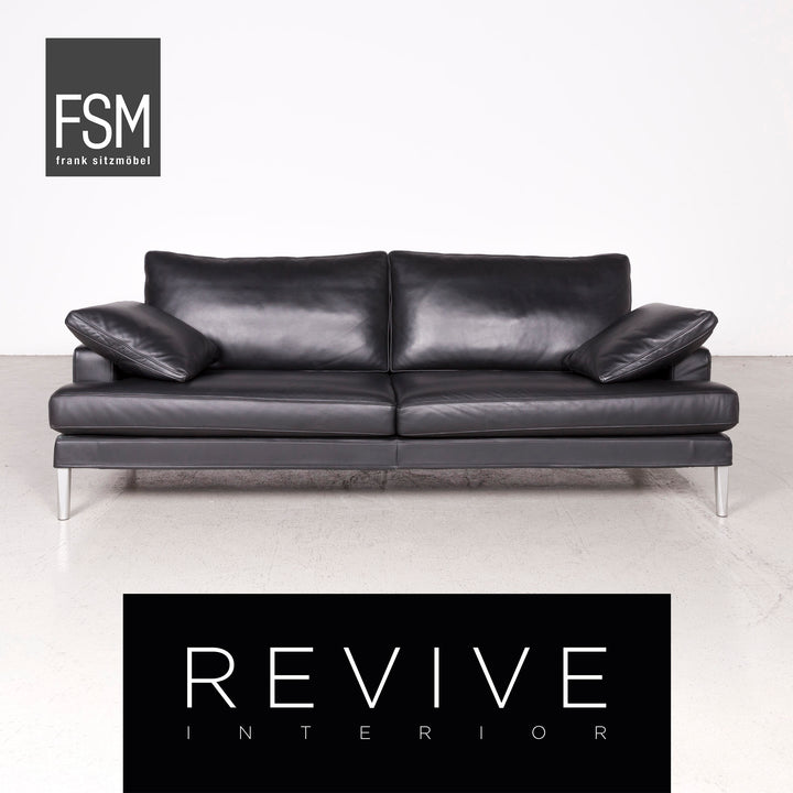 FSM Clarus designer leather sofa black real leather three-seater couch #7567