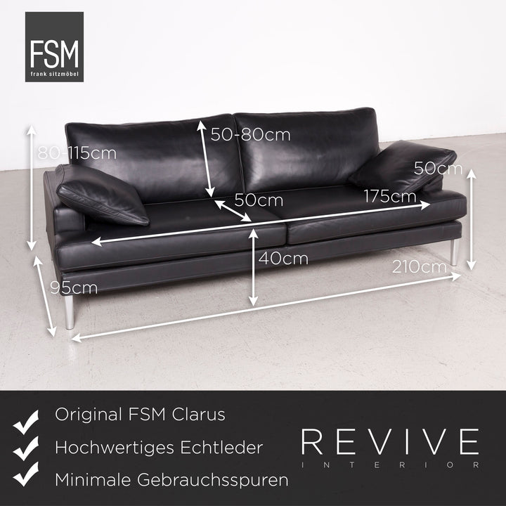 FSM Clarus designer leather sofa black real leather three-seater couch #7567