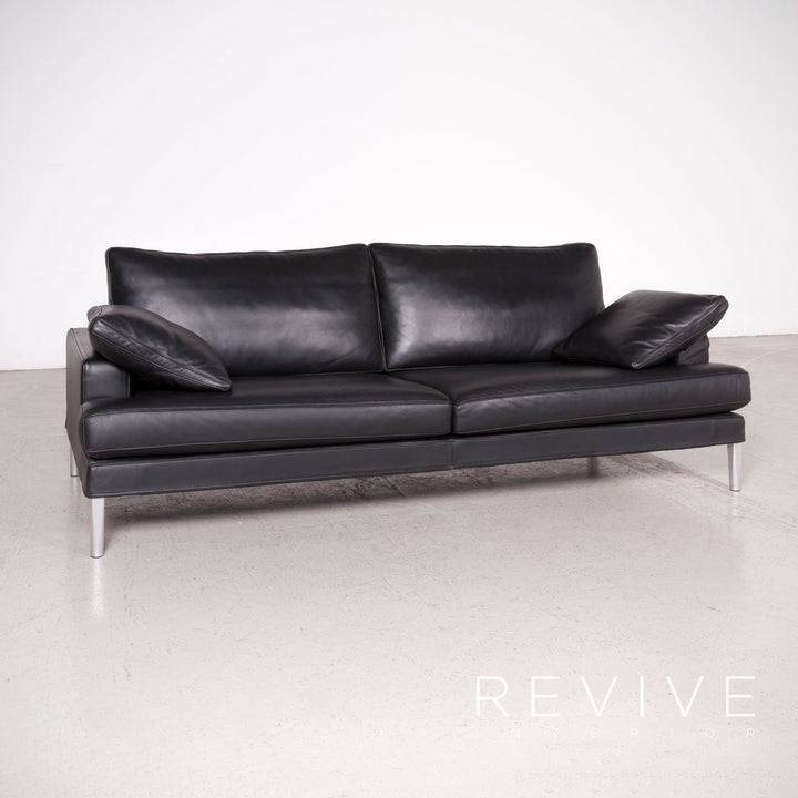 FSM Clarus designer leather sofa black real leather three-seater couch #7567