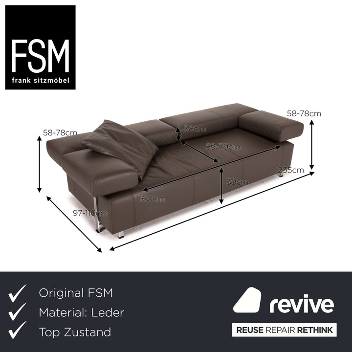 FSM Velas Leather Sofa Gray Three Seater Function Couch