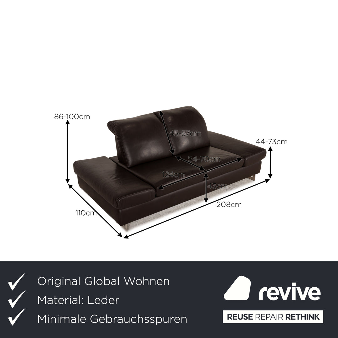 Global Wohnen leather sofa dark brown two-seater couch function