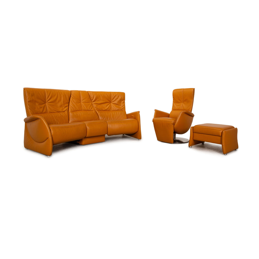 Himolla Cumuly Leather Sofa Set Yellow Orange Three Seater Armchair Pouf