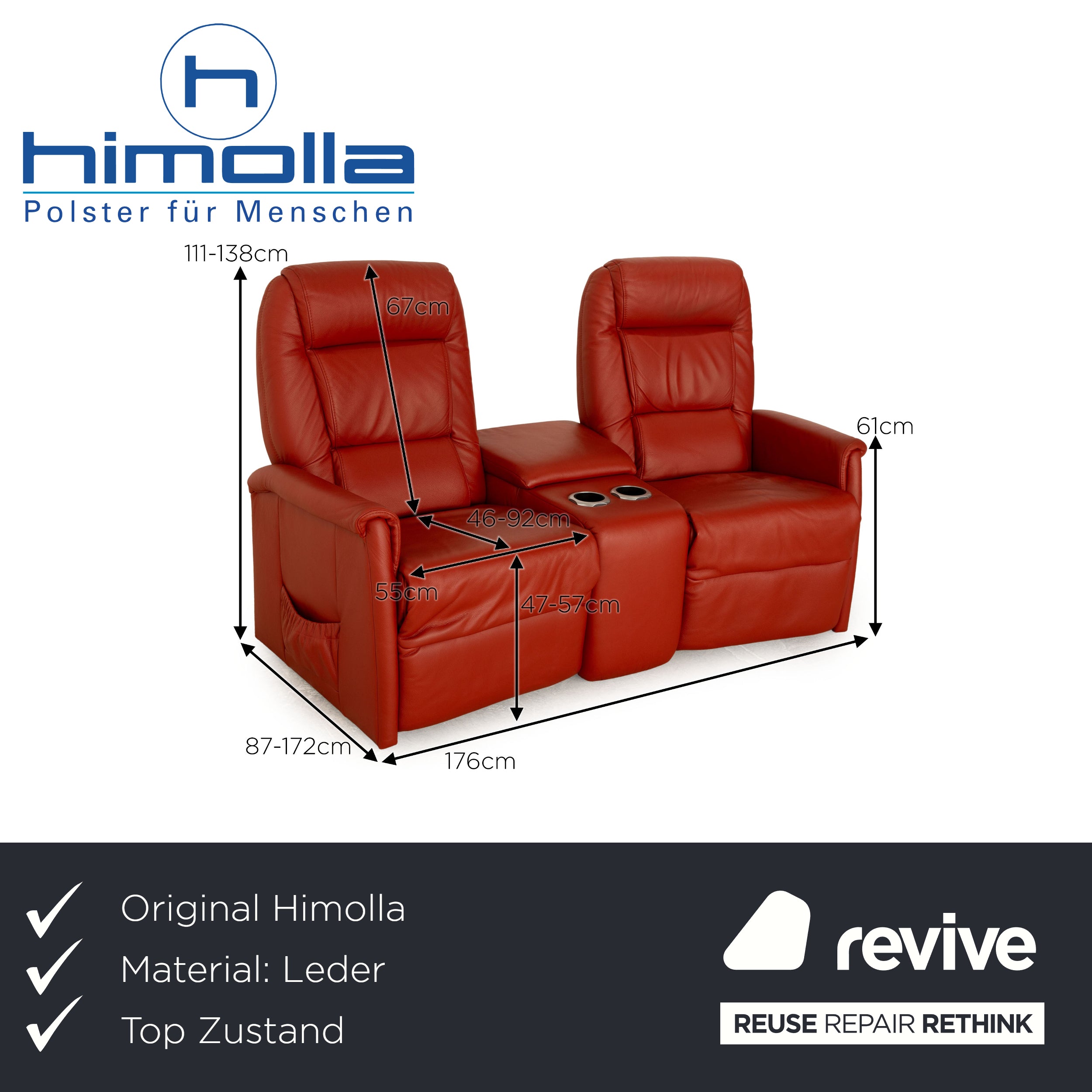 Himolla Trapez Leder Zweisitzer Rot Orange elektrische Funktion Aufstehhilfe Sofa Couch Relaxfunktion