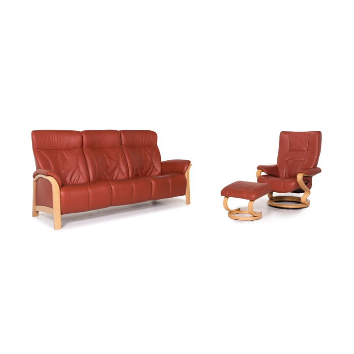 Himolla Windsor leather sofa set red 1x three-seater 1x armchair incl. stool #12596