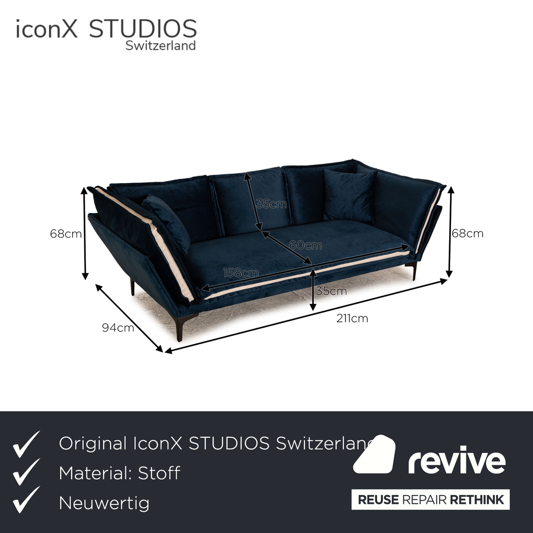 IconX STUDIOS Aura Samt Stoff Dreisitzer Blau Sofa Couch