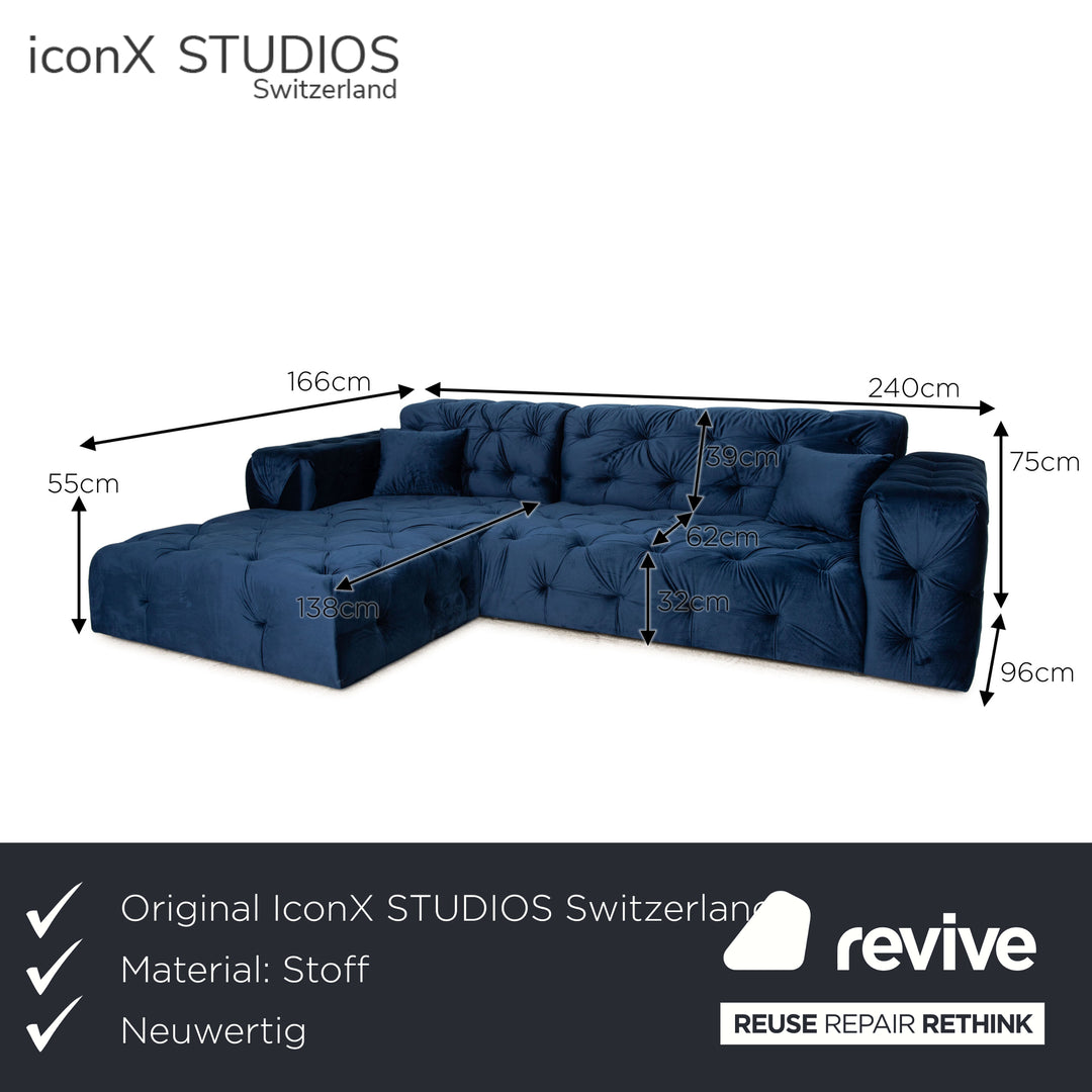 iconX STUDIOS Venus velvet fabric corner sofa blue recamier left