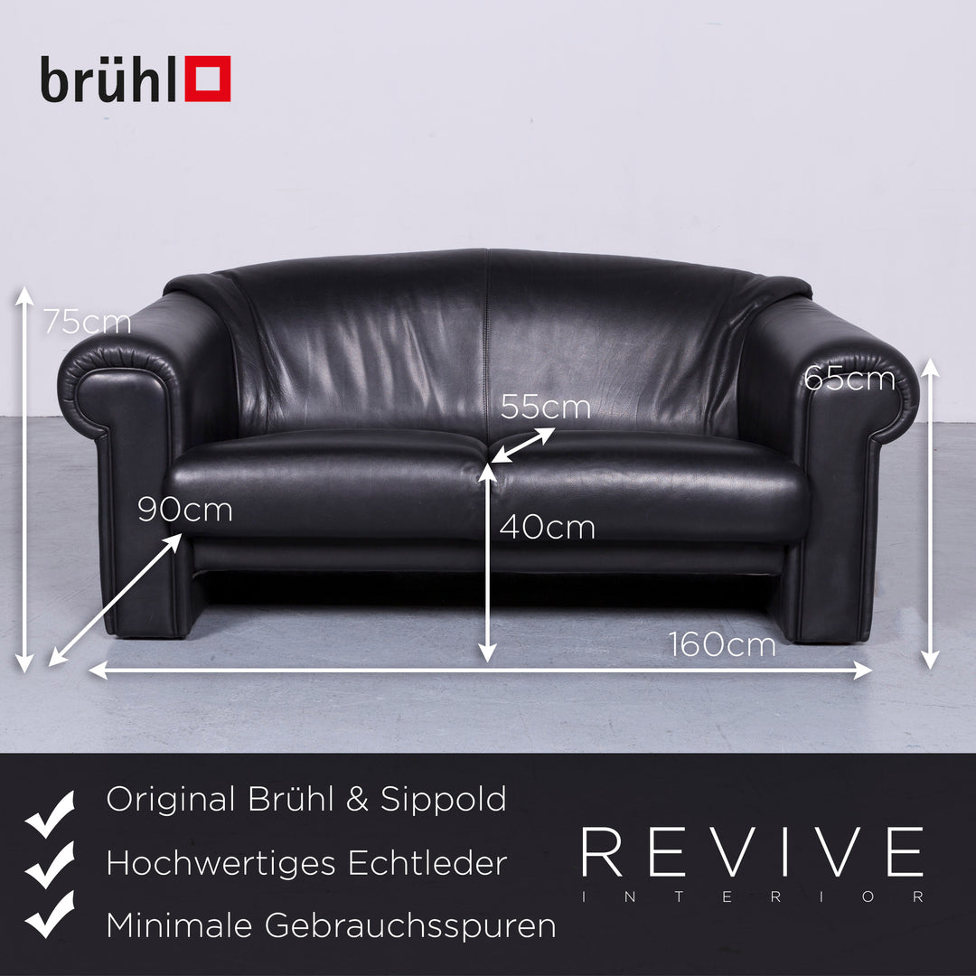 Brühl Designer Leder Sofa Schwarz Zweisitzer Echtleder Couch #6276
