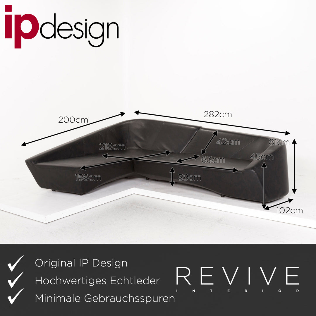 IP Design Drift Leder Sofa Garnitur Schwarz 1x Ecksofa 1x Hocker #13117